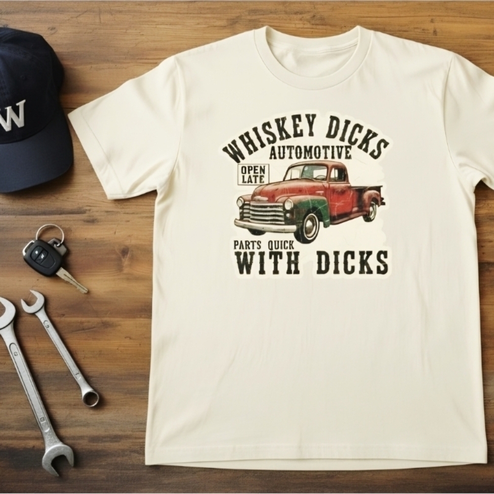 Whiskey Dicks Automotive Tee • Funny Mechanic Shirt • Vintage Red Truck Graphic